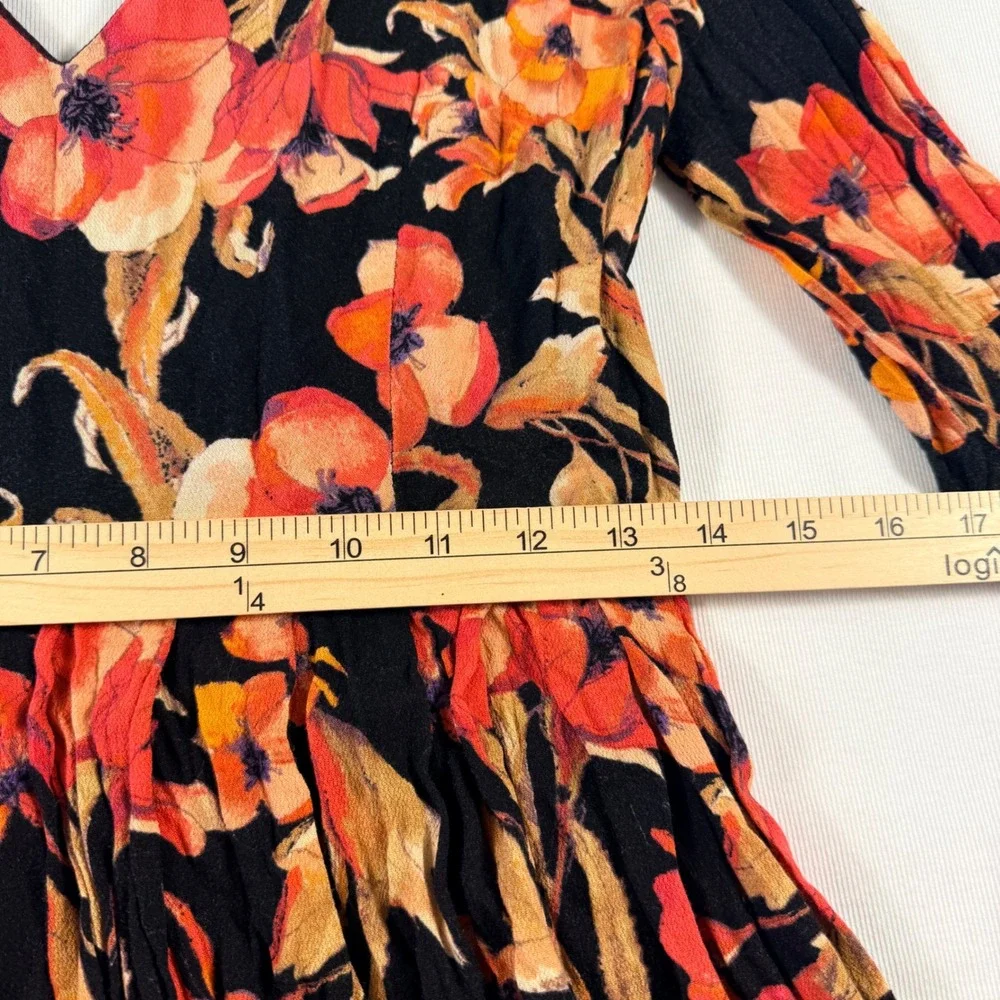 Free People Floral Mini Dress‎ 4 Black Orange Cutout Keyhole Bell Sleeve Boho